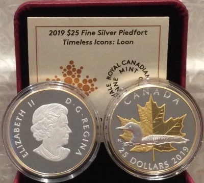 2019 Timeless Iconic Piedfort $25 1OZ Silver Proof Canada Coin: Maple Leaf Loon - Image 1 of 3