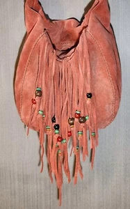 Vintage LUCKY BRAND Y2K Bucket Bag Crossbody CORAL PINK Leather Tassels Beads - Picture 1 of 18