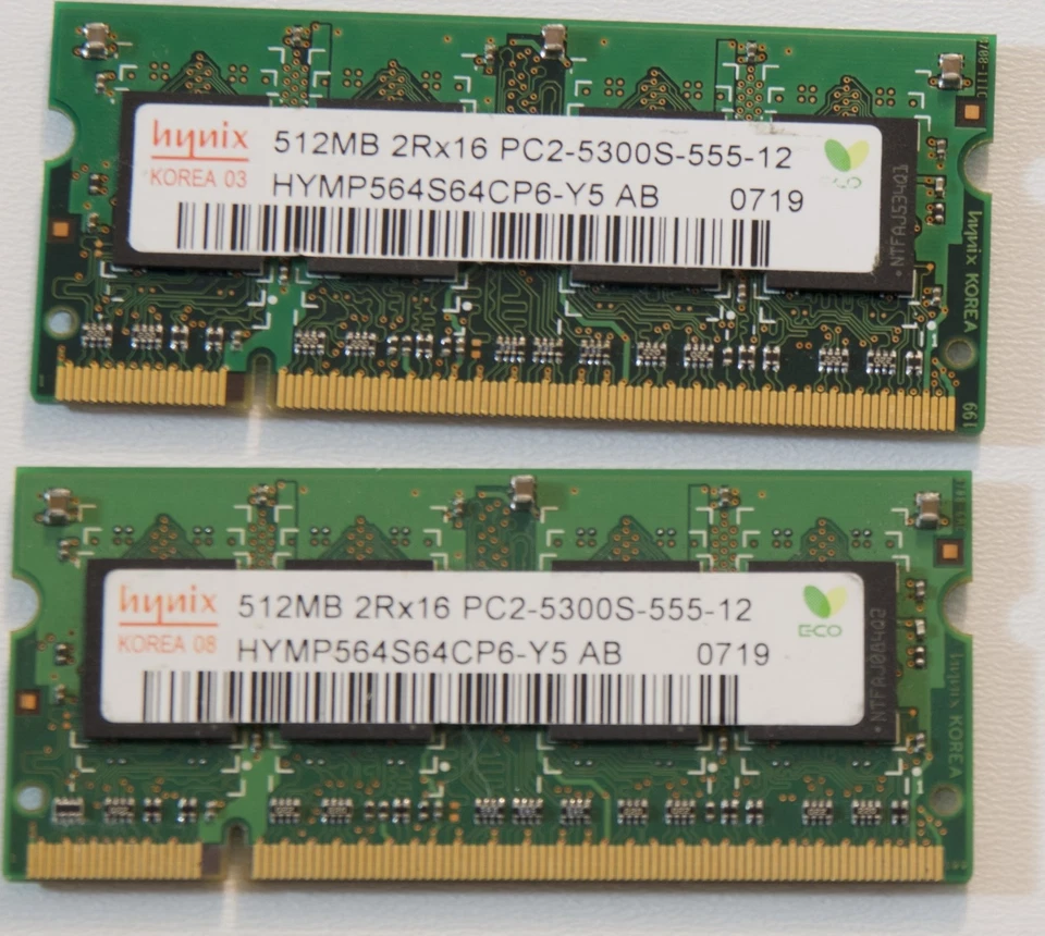 Hynix 1GB (2x512MB) PC2-5300S DDR2 Laptop Memory 200-Pin SO-DIMM (HYMP564S64CP6) - Image 1 of 2