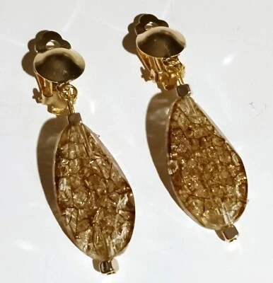 Ohrclips braun klar Glitzer crackled klar goldf Clips lang Ohrringe 6 cm 1 Paar - Bild 1 von 4