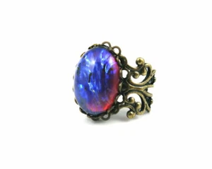 Czech Glass Mexican Opal Dragons Breath Red Blue Fire Stone Bronze Ring 18x13mm - Picture 1 of 4