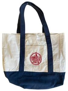 Trader Joes Tote Bag Reusable Shopping Canvas Embroidered Blue Bottom 20x14 - Picture 1 of 3