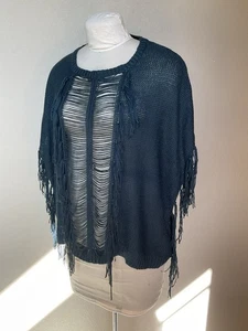 Suéter suéter suelto tejido con flecos Bobeau azul marino para mujer talla M - Imagen 1 de 5