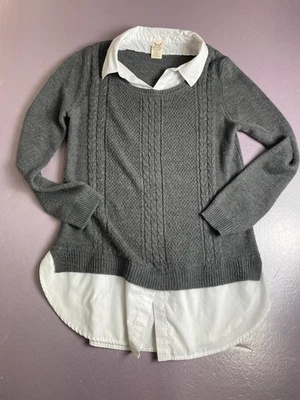 Faded Glory Sweater Womens Medium Gray White Layered Shirt Cable Knit Preppy - Image 1 of 4