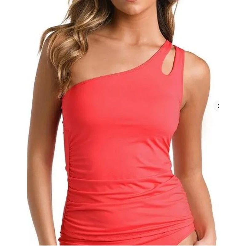 La Blanca Women's Island Goddess Ruched One-Shoulder Tankini Top Guava Size 4 - Image 1 of 4