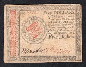 JANUARY 14, 1779 $5 FIVE DOLLARS CONTINENTAL CURRENCY NOTE - Picture 1 of 2