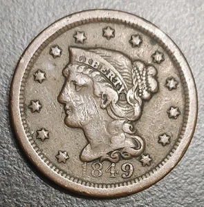 1849 US Braided Hair Large Cent Old Bronze Historical Sought-after Coin - Picture 1 of 3