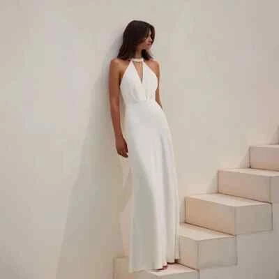 Vestido de novia sencillo blanco marfil cuello halter sin mangas satinado playa vestidos de novia Foto 1 de 4