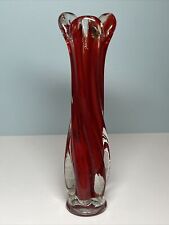 Murano Style Twisted Cased Red Clear Art glass vase Finger Pulled 8.5” Tall