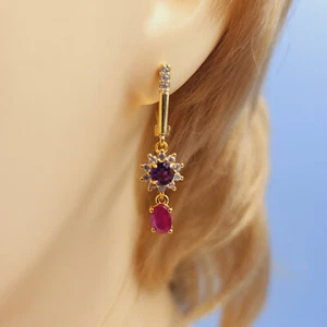 Ruby Amethyst Lever-Backs, Cubic Zirconia, Gold Plated, Natural Precious - Picture 1 of 5