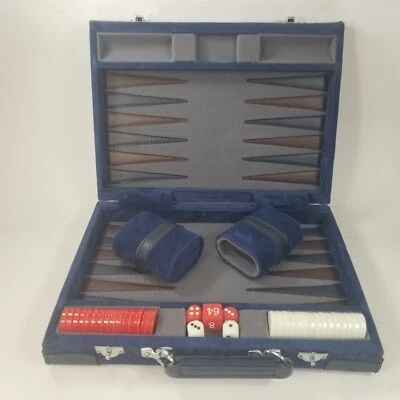 Vintage Backgammon Set Blue Brown Travel Briefcase Red White - Image 1 of 4