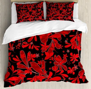Red Black Duvet Cover Set with Pillow Shams Oceanic Island Flower Print - Picture 1 of 8