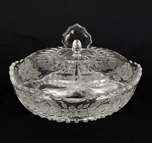 New Martinsville Flower Basket Clear 3-Part Candy Dish with Lid - Picture 1 of 14