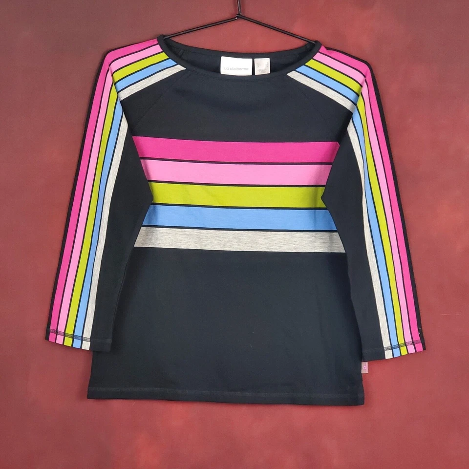 Vintage Liz Claiborne Top S Raglan Stretch Cotton Pullover Black Pink Gray Blue - Image 1 of 4