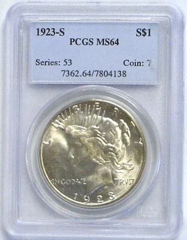 1923-S 1$ SILVER PEACE DOLLAR NEAR GEM PCGS MS64 LOW POP RARE R2 HIGHEST GRADES Cover