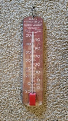 1940s 1950s  Wooden Advertising Thermometer Sign  Compton CA Macs  Radiators  - Image 1 of 4