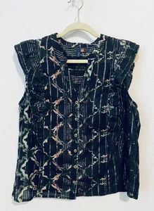 Top Anthropologie Pilcro Mujer Grande Negro Motivo Metálico Volantes Abotonados - Imagen 1 de 9