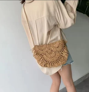 Handmade Boho Woven Straw Fringe Crossbody Shoulder Bag Beach Summer Purse - Picture 1 of 6