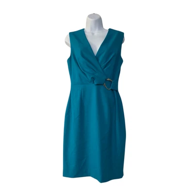 Calvin Klein Bodycon Dress Womens Teal Blue P Neck Wrap Silver Tone Hardware Zip - Image 1 of 4