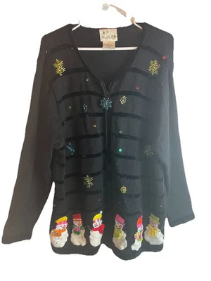 Quacker Factory Sweater Cardigan Christmas 2X Plus Snowman Winter Holiday Zip - Image 1 of 3