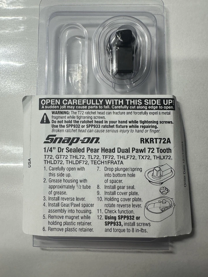 Snap-on Tools USA 1/4" Drive 72 Tooth Ratchet Repair Kit RKRT72A