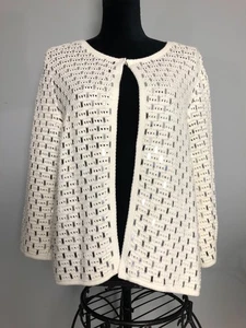 NWT Chicos Sweater Open Knit Cardigan White Silver Mirrored Sequins 2/Large - Picture 1 of 16