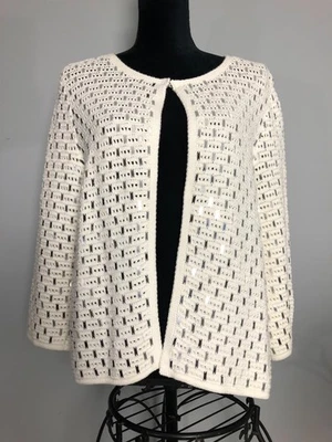 Nuevo con etiquetas Suéter Chicos Cárdigan Tejido Abierto Blanco Plata Lentejuelas Espejadas 2/Grande Foto 1 de 4