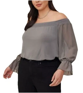 NWT! Torrid Chiffon Sleeves Swing Blouse Plus Sz 4 4X Gray Off Shoulder Smocked - Picture 1 of 13