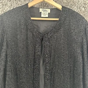 Patra Woman Open Front Jacket Cardigan 2X Black Beaded Detail 100% Silk - Picture 1 of 16