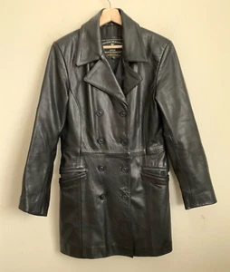 Express Jacket Black Leather Collared Double Breasted Buttons Pockets Lined Sz M - Picture 1 of 11