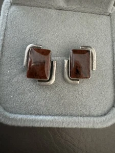 Vintage Sterling silver handmade earrings, 925 red jasper - Picture 1 of 7