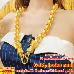 D10 Thai Gold 24k Solid Necklace Yellow Chain Pendant 26" Weight 100 Baht Dragon - Picture 1 of 8