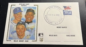 1992 Mickey Mantle Willie Mays Duke Snider cachet timbrato datato 14/08/1992 nitido - Foto 1 di 3
