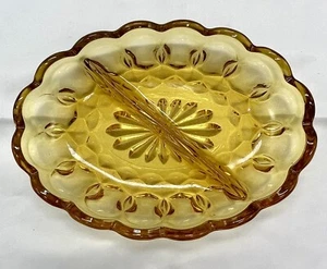 Vintage Indiana Glass Thumbprint Amber Relish Pickle Candy Trinket Divided Dish - Picture 1 of 7