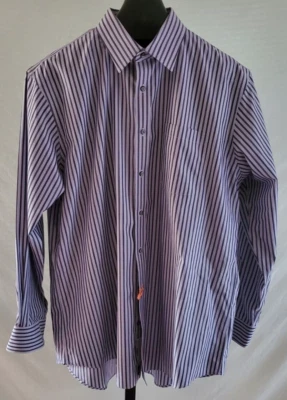Camisa Nordstrom Tradicional Fit Púrpura y Negra Rayas Abotonada Talla 17 35 Foto 1 de 4