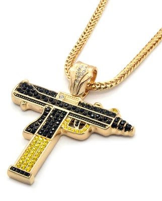 Gold Plated Black/Yellow Gun Uzi Pendant Cubic Zirconia Hip-Hop 36" Franco Chain - Image 1 of 4