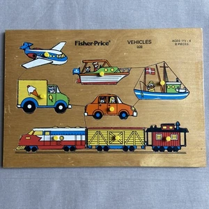 VINTAGE WOODEN FISHER-PRICE VEHICLES PUZZLE #508 AGES 1 1/2 - 4 8 PIECES Train + - Picture 1 of 6
