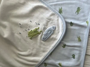 Vintage GYMBOREE Baby Blanket Lovey Puddle Jumping Frogs 2005 Blue White Green - Picture 1 of 6