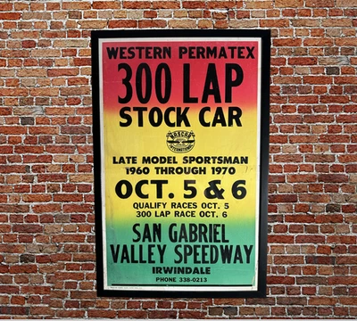 ¡Póster enmarcado NASCAR Race 14X22 años 70! San Gabriel Speedway Irwindale CA Racing Foto 1 de 4