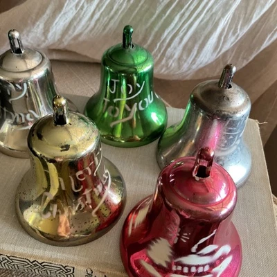 Vtg Mid Cent Metallic Bell Christmas Ornaments Silver Green Red Gold Lot of 5 - Image 1 of 4
