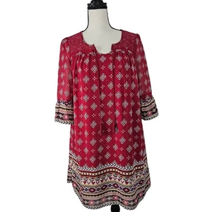 Rot Camel Tunika Kleid Damen XS Rot Boho Bauern Spitze Ausschnitt Viskose 3/4 Arm Indie - Bild 1 von 9