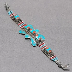 Handgefertigter Modeschmuck Nepali Armband tibetischer Türkis rote Koralle 7 ... - Bild 1 von 7