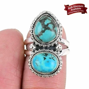 Natural Tibetan Turquoise Sterling Silver Anniversary Ethnic Cluster Ring Size 5 - Picture 1 of 7
