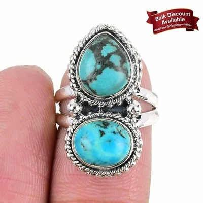 Natural Tibetan Turquoise Sterling Silver Anniversary Ethnic Cluster Ring Size 5 - Image 1 of 4
