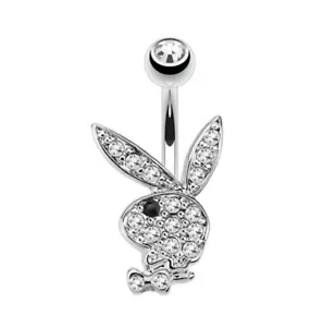 Bunny Dangle Belly Ring Paved CZ Gems Surgical Steel Pierced Navel New - Picture 1 of 2
