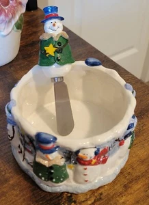 Christmas Holiday Dip Mix Set Bowl&Spreader Snowman Button Up Ceramic New - Picture 1 of 3