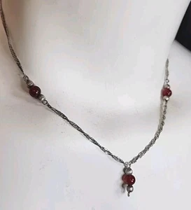 Sterling Silver Art Glass Red Bead Twist Necklace Artisan Made 5.6g 17in 925 - Picture 1 of 11