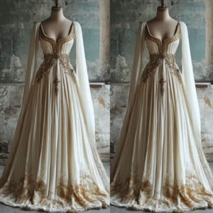 Vintage Champagne Wedding Dresses with Cape A Line Lace Appliques Bridal Gowns - Picture 1 of 10