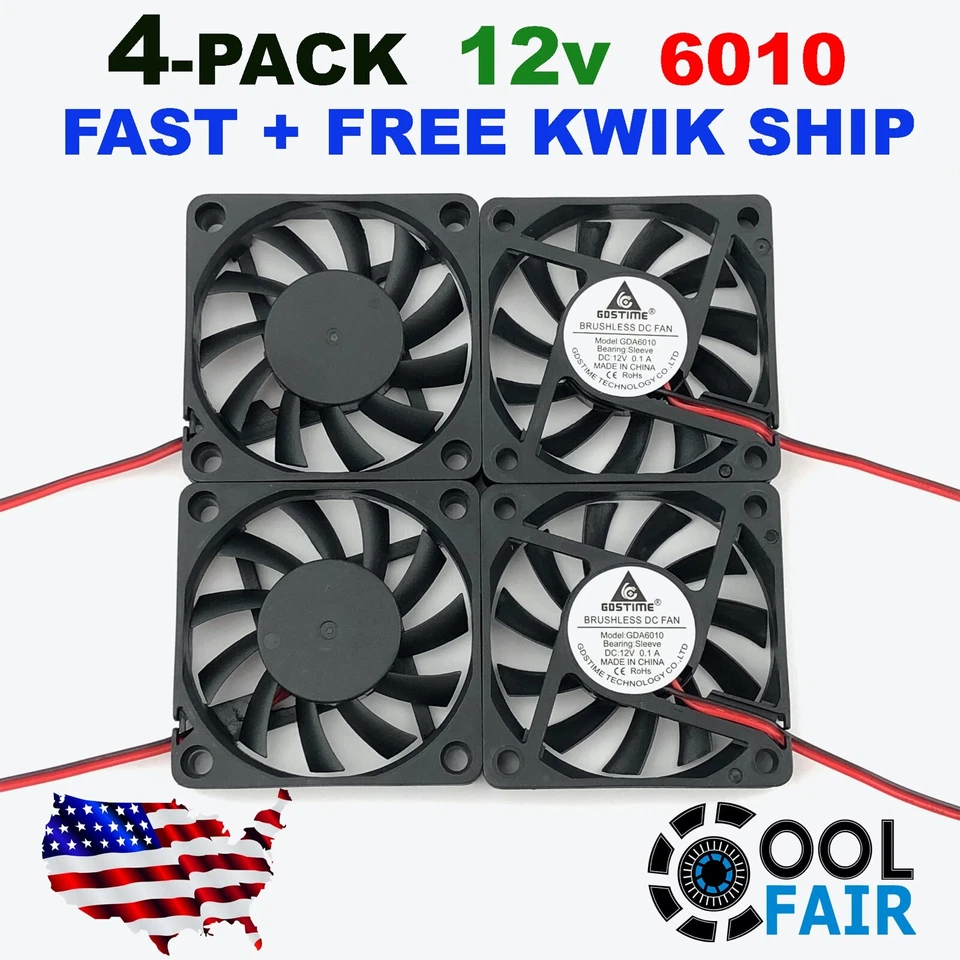 12V 60mm Cooling Fan 6010 PC DC Computer Case CPU 6cm 60x60x10mm 2-Pin 4 Pcs - Image 1 of 4
