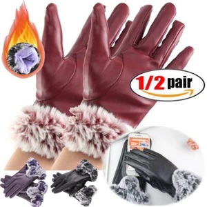 Womens Winter Warm Dressy Gloves Genuine Leather Thermal Lined Faux Fur Cuffs - Picture 1 of 15